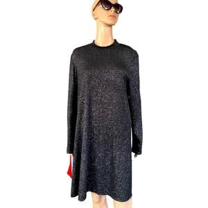 Tiana B. Black A Line Dress Shimmer Long Sleeves Womens 16 Mock Neck Classy